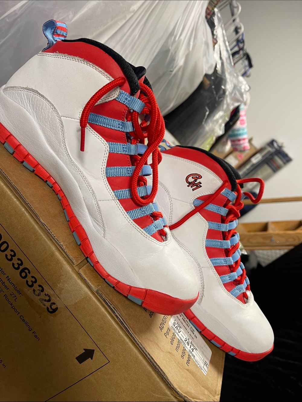 Jordan’s White, Red & Light Blue High-Top Sneakers